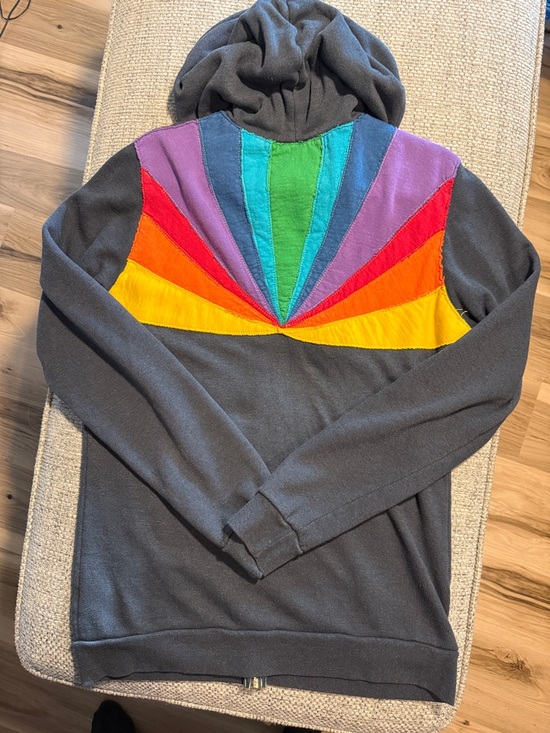 Aviator Nation Tops - Women's Gray Hoodie with Rainbow Sunburst Panel